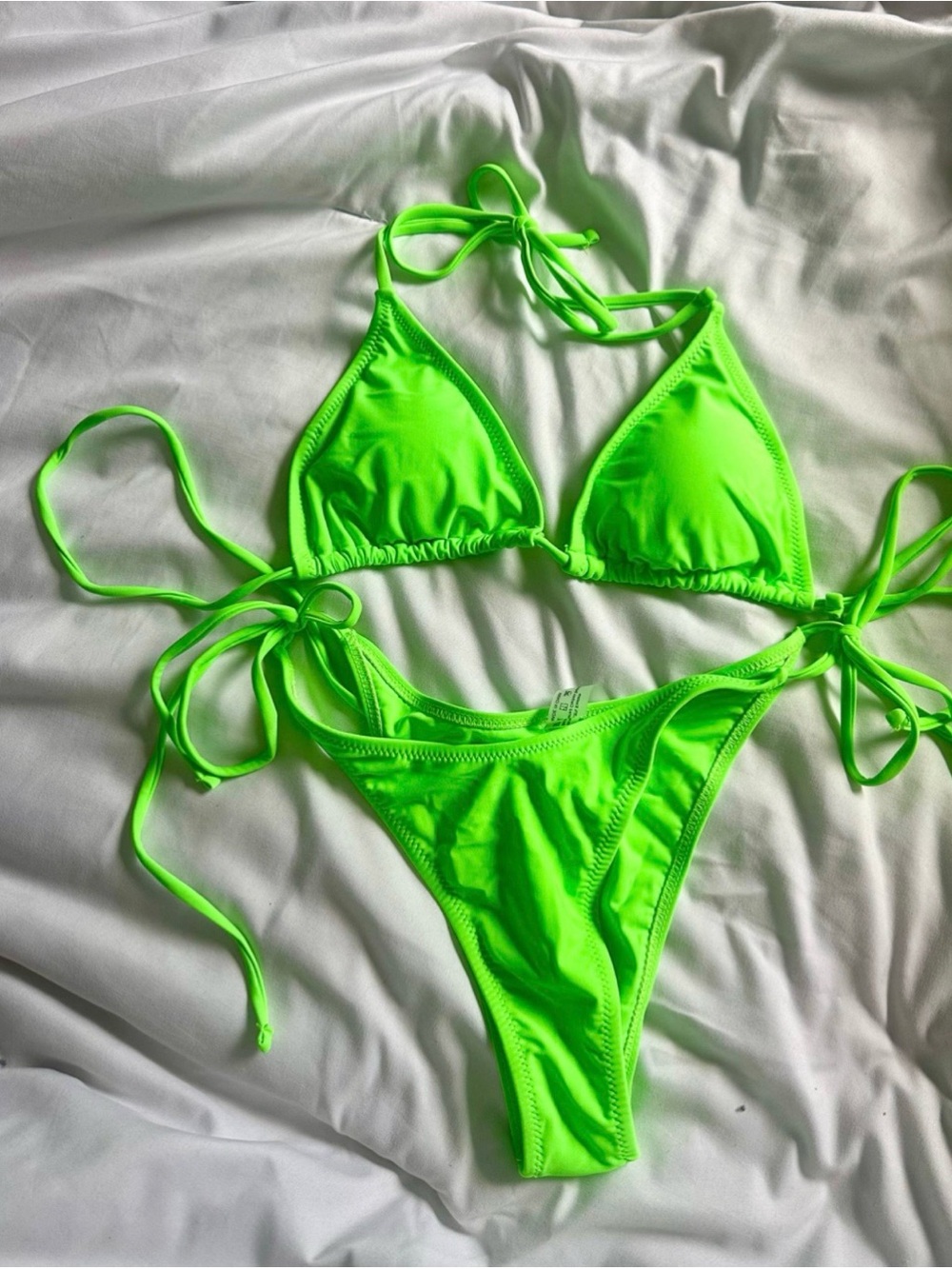 Neon Green Tie-Side Triangle Bikini Set - Women Swim